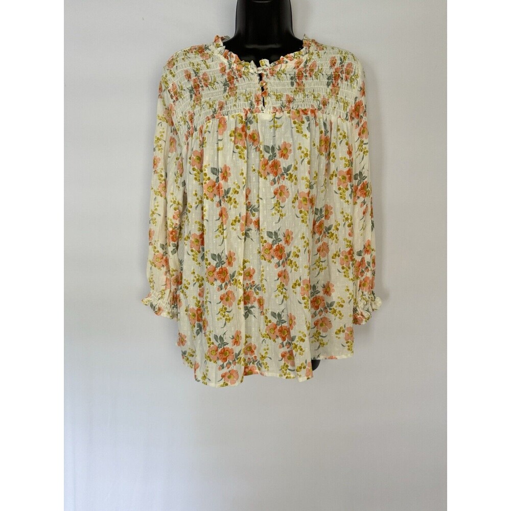 Cupcakes And Cashmere Top Women's Size XL White Coral Pink Floral Smocked Blouse
